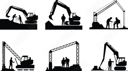 Silhouettes of construction workers with heavy machinery including excavators and cranes operating at building sites, showing labor, teamwork, and construction industry equipment illustration