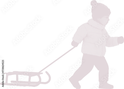 Minimalist halftone silhouette of a child pulling a sled. Gentle and modern winter graphic for children's apparel, nursery decor, and holiday prints.