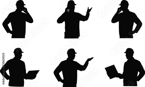 Silhouettes of engineers and managers at construction sites making calls, pointing, and reviewing documents or plans for project management and building supervision illustration