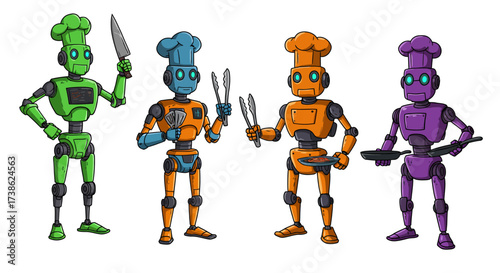 Colorful robot chefs with cooking utensils: whimsical cartoon kitchen scene