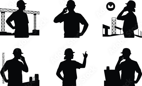 Silhouettes of construction managers and engineers making calls, giving instructions, and overseeing building projects with cranes, worksites, and construction site management illustration