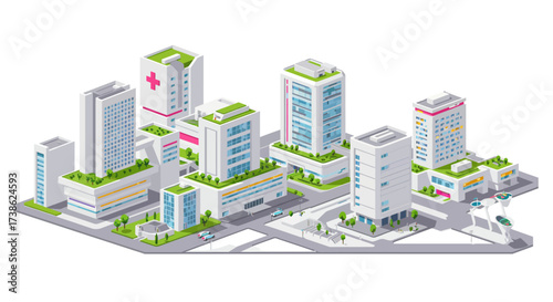 Modern green urban architecture with rooftop gardens in an isometric cityscape