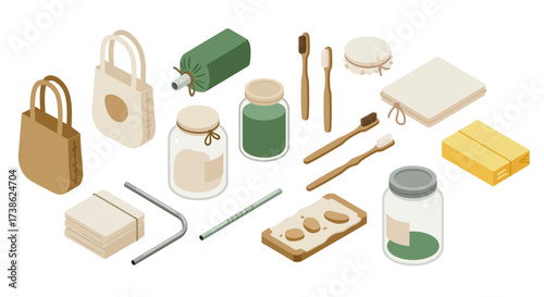 Eco-friendly isometric essentials: sustainable products and zero waste living