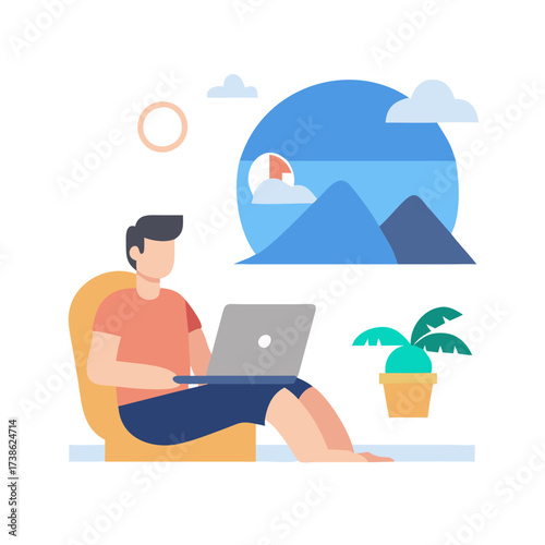 Vector illustration of person working on a laptop computer while seated in a chair, with a scenic backdrop of mountains and a sun, symbolizing freelance and digital nomadism