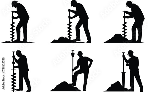Silhouettes of workers using manual auger drill and soil borer for excavation, digging, foundation preparation, construction site work, ground drilling, and building industry illustration