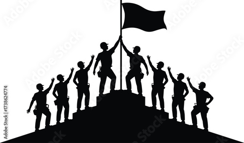 Construction workers silhouettes raising flag together on peak, symbol of teamwork, unity, collaboration, success, milestone achievement, and celebration in construction industry illustration