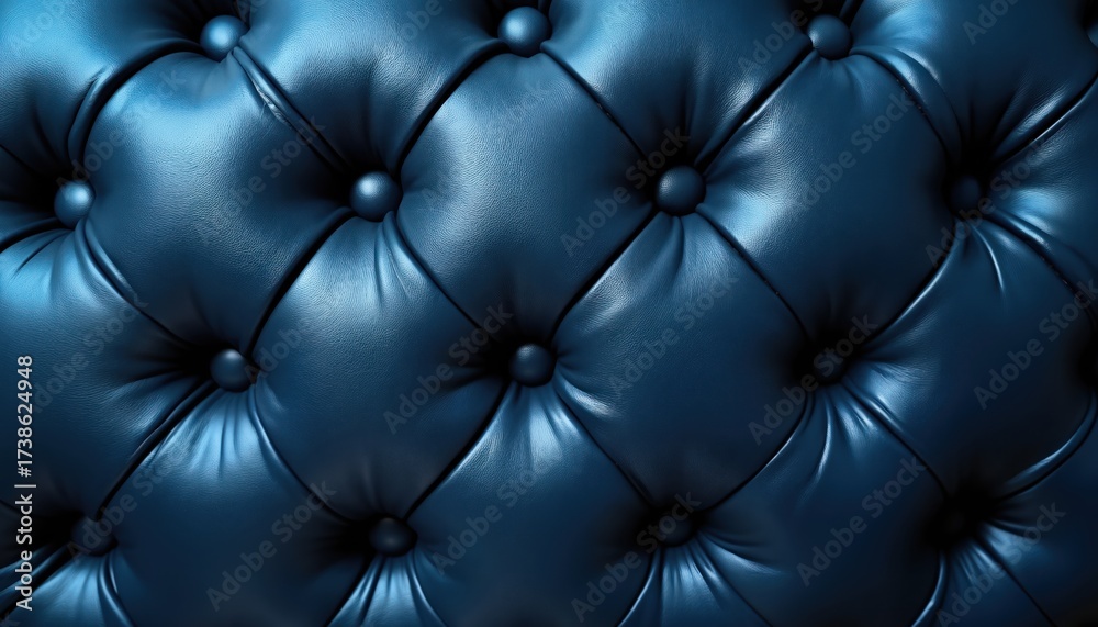 Fototapeta premium Close up photo of luxurious blue leather upholstery. Detailed tufted texture with button accents. Sophisticated surface design of furniture. Elegant textile. Background for creative concepts,