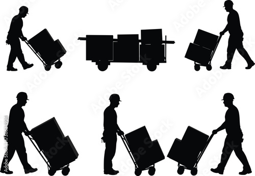 Silhouettes of workers transporting boxes with hand trucks, carts, warehouse labor, delivery logistics, moving equipment, heavy load handling, and industrial transportation illustration