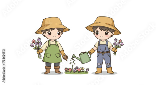 Cute kids gardening in overalls and hats with flowers and watering can