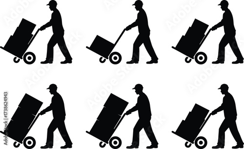 Silhouettes of workers moving boxes with hand trucks, delivery logistics, warehouse transportation, heavy load handling, cargo moving, labor job site, and industrial work illustration