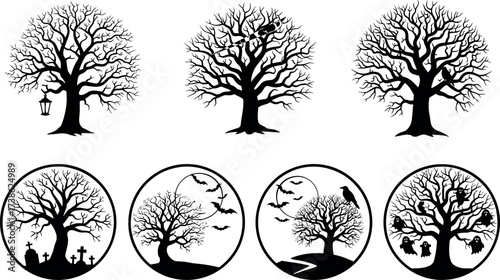 Spooky Halloween Tree Silhouettes with Ghosts, Bats, Pumpkins, and Graveyard Elements for Seasonal Vector Art, Decoration, and Design Projects