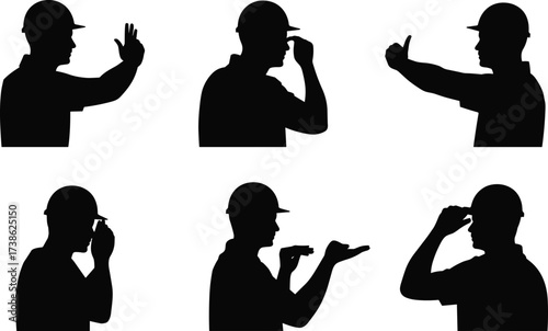 Silhouettes of construction workers making hand signals, safety helmets, teamwork guidance, jobsite coordination, industrial communication, workforce instruction, nonverbal commands