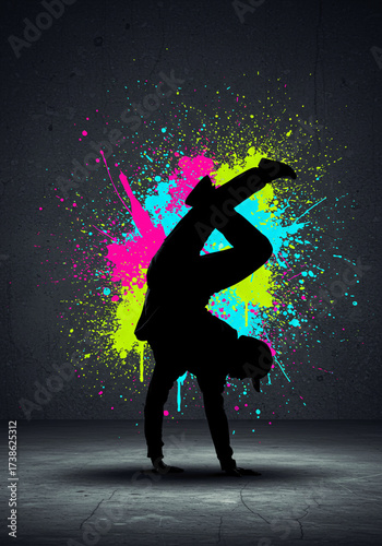 Dynamic Breakdancer Silhouette: Vibrant splashes of color for youth culture and music events