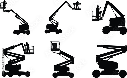Silhouettes of workers using boom lifts, cherry pickers, aerial work platforms for construction, industrial maintenance, lifting equipment, safety at height, elevated work access illustration