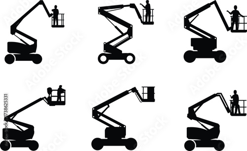 Silhouettes of construction workers on boom lifts, cherry pickers, aerial platforms, high elevation maintenance, industrial lifting equipment, construction safety, work at height illustration
