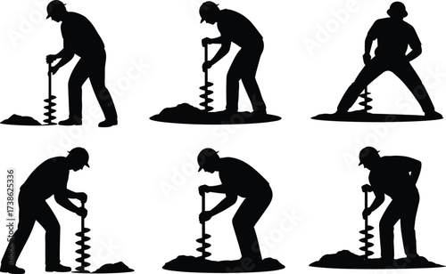 Silhouettes of construction workers drilling ground with auger tools, soil digging, manual drilling, heavy labor, construction site work, earth boring, foundation preparation illustration