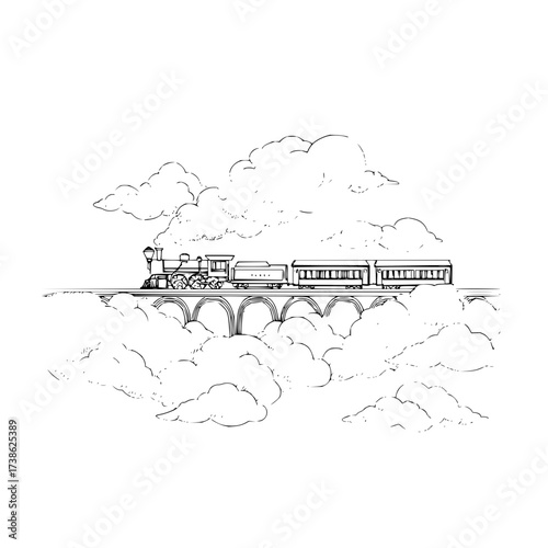 Vintage steam train on bridge drawing vector illustration antique locomotive railway transport travel design 100
