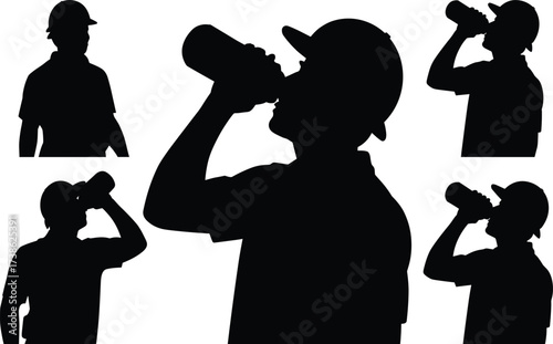 Silhouettes of construction workers drinking water bottles, hydration and refreshment at work, labor health, job safety, wellness during construction tasks, occupational rest break illustration