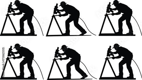 Silhouette of construction workers operating drilling machine, heavy equipment, manual labor, site operation, construction work, building task, skilled labor, industrial drilling illustration