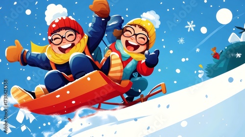 Two happy children sledding down a snowy hill. They wear warm hats, scarves, and mittens while enjoying a winter day