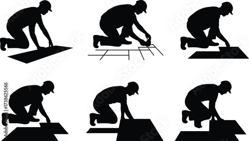 Silhouette of construction workers laying tiles and flooring, craftsmanship, precision work, building installation, manual labor, renovation task, construction skill, home improvement illustration