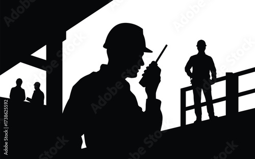 Silhouette of construction supervisor with walkie-talkie directing workers, teamwork communication, project management, site leadership, engineering supervision, labor coordination
