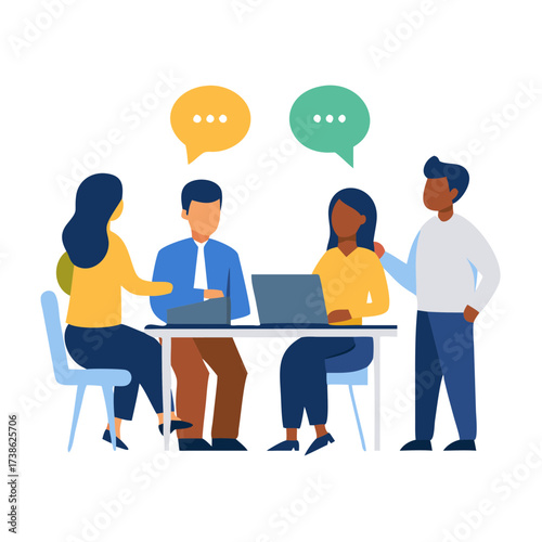 Vector illustration of diverse group of people collaborating around a table with laptops and speech bubbles