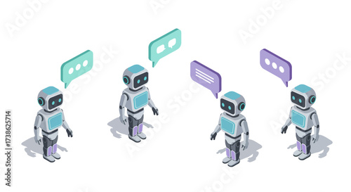 Isometric robots with chat bubbles communicating in digital conversation