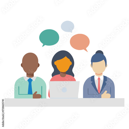 Vector illustration of three professionals in a meeting with a laptop and speech bubbles