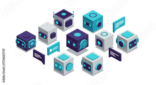 Isometric abstract technology cubes with digital interface elements