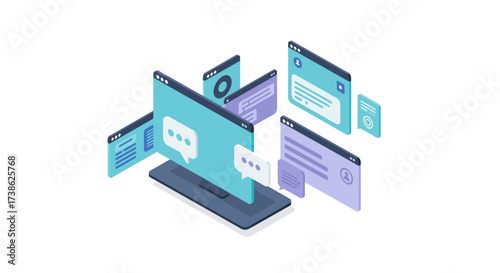 Digital communication platforms in isometric layout with interactive elements
