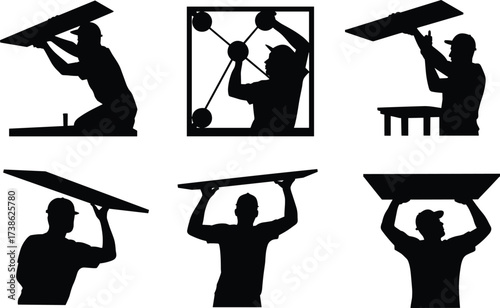 Silhouettes of workers lifting and installing panels, construction teamwork, drywall or glass installation, renovation labor, panel handling, building work, construction site illustration