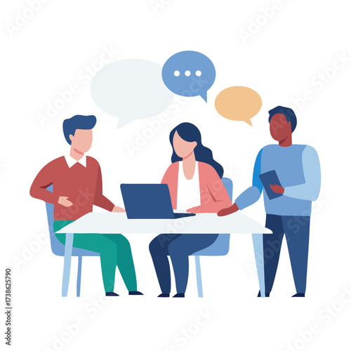 Vector illustration of three people sitting at a table, actively engaged in a discussion with laptops and speech bubbles indicating conversation