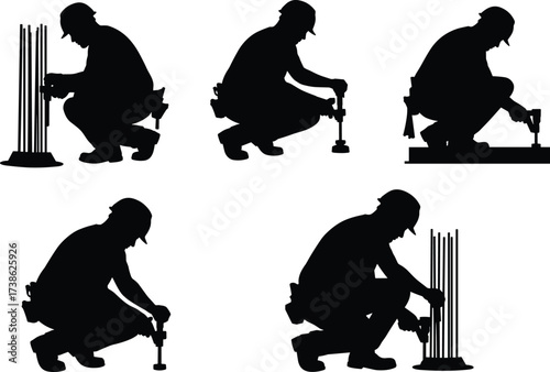 Silhouettes of construction workers fixing rebar, steel rods, and foundation with tools, reinforcement, concrete work, steel fixing, squatting workers, site preparation illustration