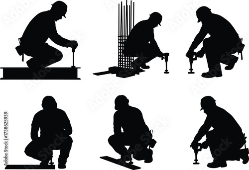 Silhouettes of construction workers squatting with tools on steel beams, rebar, and foundations, reinforcement, fixing, site work, concrete preparation, steelwork illustration