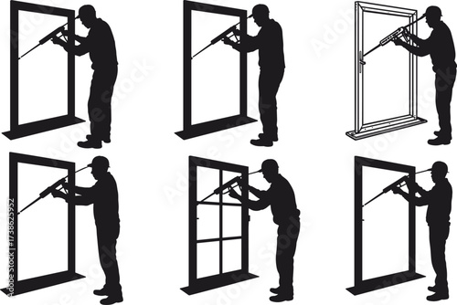 Silhouettes of workers sealing window frames with caulking guns, construction repair, insulation, waterproofing, precision work, finishing, maintenance, window installation illustration