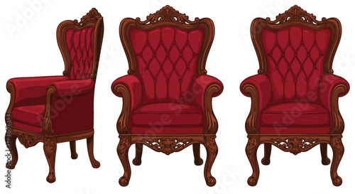 Elegant wooden armchairs with red upholstery in antique style