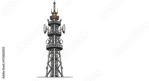 Industrial communication tower with satellite dishes in retro style