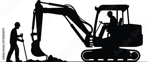 Silhouette of excavator operator and construction worker collaborating on digging and ground leveling tasks at industrial worksite with heavy machinery during building and infrastructure projects