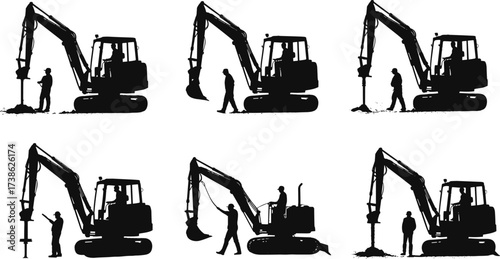 Silhouettes of construction workers operating excavators and heavy machinery, guiding digging and drilling equipment at industrial worksites during earthmoving, foundation, and construction projects