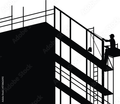 Silhouette of a construction worker on suspended platform scaffold, performing building tasks at height with safety equipment during high-rise construction and maintenance projects