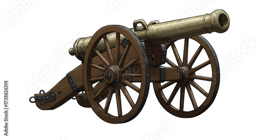 Vintage artillery cannon with wooden wheels on white background