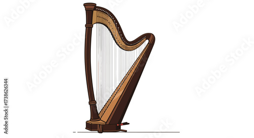 Elegant harp design with wooden details on a white background