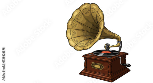 Vintage gramophone with wooden base and brass horn on white background