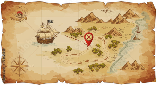 Vintage treasure map with pirate ship and compass rose on aged paper