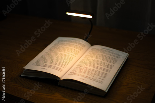 A convenient clip-on reading lamp with color options, placed over a book on the table for reading