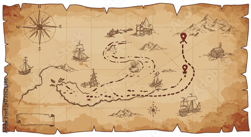 Antique treasure map with nautical elements and landmarks on aged paper backg…