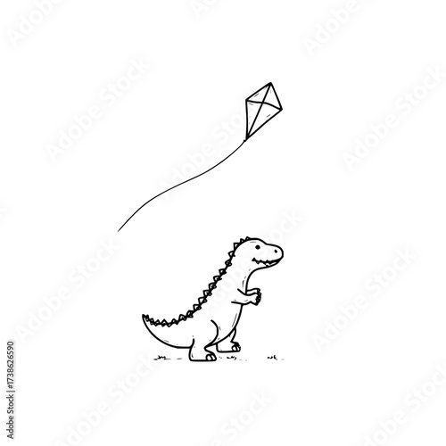 Dinosaur flying kite vector illustration, cute t rex with kite drawing, cartoon dinosaur design vector art