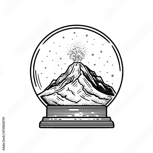 Volcano eruption snow globe vector drawing illustration for travel souvenir and decoration, isolated art 100