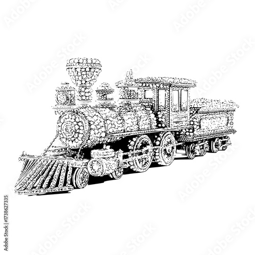 Vintage train locomotive steam engine transportation railroad history rail travel black and white art drawing